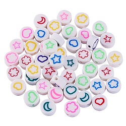 100pcs perles d'argile polymère faites à la main, rond plat avec motif étoile/cœur/lune/fleur, blanc, 10x44mm, Trou: 1.6mm