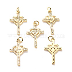 Brass Micro Pave Clear Cubic Zirconia Pendants, with Jump Ring, Long-Lasting Plated, Cross with Heart, Real 18K Gold Plated, 25.5x16x2mm, Jump Rings: 5x1mm, 3mm Inner Diameter