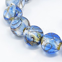 Handgefertigte Silberfolie Glas Murano runde Perlen Stränge, mit Goldsand, Verdeck blau, 12 mm, Bohrung: 2 mm, ca. 23 Stk. / Strang, 9.84 Zoll