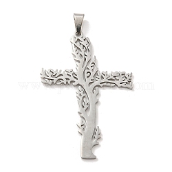 304 Stainless Steel Pendants, Tree of Life Cross Charm, Stainless Steel Color, 48.5x33.5x1.3mm, Hole: 5.5x3mm