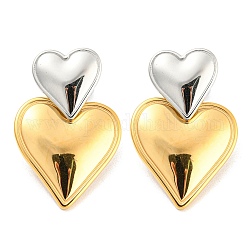 304 boucles d'oreilles pendantes double coeur en acier inoxydable pour femme, or et acier inoxydable Couleur, 32.5x20mm