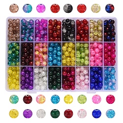 Perle di vetro crackle verniciate a spruzzo, tondo, colore misto, 8mm, Foro: 1.3~1.6 mm, su 50pcs / colore, 24 colori, 1200pcs/scatola