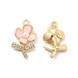 Alloy Rhinestone Enamel Pendants, with ABS Plastic Imitation Pearl Beads, Flower Charms, Pink, 19.5x11x4mm, Hole: 1.5mm