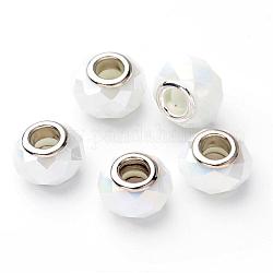 Perle di rondelle europee in vetro sfaccettato bianco imitazione giada, ab colore, perline con foro grande, con due nucleo in ottone, 14x9.5mm, Foro: 5 mm