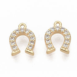 Brass Micro Pave Clear Cubic Zirconia Charms, Nickel Free, Real 18K Gold Plated, Horseshoe, 9x6.5x1.5mm, Hole: 0.7mm