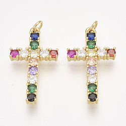 Brass Micro Pave Cubic Zirconia Pendants, Cross, Golden, Colorful, 28x16x3mm, Hole: 3mm, Ring: 5x0.8mm