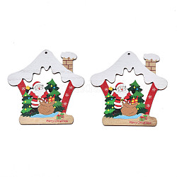 Большие подвески из дерева с односторонним принтом на рождественскую тематику, дом с дедом морозом, красочный, 109x105x2.5 мм, отверстие : 3 мм