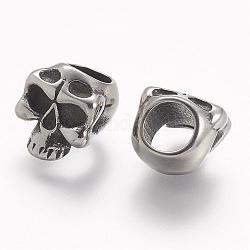 304 Stainless Steel Slide Charms, Skull, Large Hole Beads, Antique Silver, 11x12x10mm, Hole: 6mm