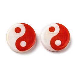 Perles de coquillage d'eau douce naturelles imprimées, perles rondes plates yin yang, rouge, 15x3~3.5mm, Trou: 0.7mm