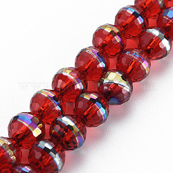 Electroplate transparentes abalorios de vidrio hebras, arco iris de color chapada, facetados, redondo, rojo, 10x9.5mm, agujero: 1.4 mm, aproximamente 39~40 pcs / cadena, 14.17 pulgada ~ 14.57 pulgadas (36~37 cm)