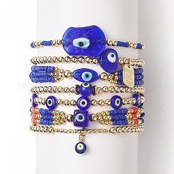 Set di braccialetti elastici con perline in ottone e semi di vetro e semi di vetro e set di braccialetti elasticizzati per donna, bracciali impilabili con ciondoli in lega per le donne, blu, diametro interno: 7 pollice (7 cm), 2~3-1/2pc / style