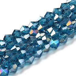 Transparentes cuentas de vidrio electroplate hebras, color de ab chapado, facetados, bicono, acero azul, 3.5mm, aproximamente 108~123 pcs / cadena, 12.76~14.61 pulgada (32.4~37.1 cm)