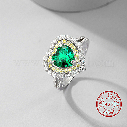 Серебряное кольцо с родиевым покрытием в виде сердца на палец, с зеленым фианитом, с 925 маркой, платина, внутренний диаметр: 17 мм