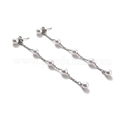 Orecchini pendenti a catena lunga con perle di plastica rotondi, 304 orecchini pendenti in acciaio inossidabile da donna, colore acciaio inossidabile, 88x6mm, ago :0.7mm
