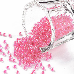 11/0 grade a perles de rocaille en verre transparent, couleur à l'intérieur , lustre plaqué, ronde, rose chaud, 2.3x1.5mm, Trou: 1mm, environ 5300 pcs/50 g