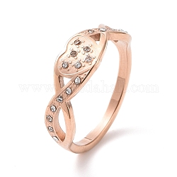 Infinito de rhinestone de cristal con anillo de dedo de corazón, chapado en iones (ip) 304 joyería de acero inoxidable para mujer, oro rosa, nosotros tamaño 6~9 (16.5~18.9 mm)