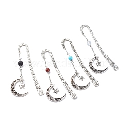 Segnalibri a gancio in lega di stile tibetano, segnalibro ciondolo stella e luna, con perline in gemstone, 304 catene portacavi in ​​acciaio inossidabile, 125mm