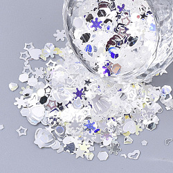 Accesorios del ornamento, paillette plástico pvc / cuentas de lentejuelas, sin agujero / perlas sin perforar, formas mixtas, plata, 1.5~6.5x1.5~8x0.4mm