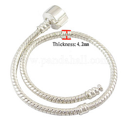 Brass European Bracelets, with Brass Clasp, Silver Color Plated, about 19cm long(Excluding the length of lcok), 3mm thick, 2mm hole