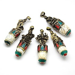 Handmade Tibetan Style Buddhist Pendants, Thai Sterling Silver with Synthetic Coral and Turquoise, Mixed Shapes, Antique Bronze, Mixed Color, 69~89x20~23mm, Hole: 6x8mm