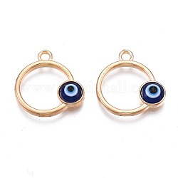 Alloy Enamel Pendants, Light Gold, Cadmium Free & Lead Free, Ring with Eye, Dark Blue, 18x17x4mm, Hole: 1.8mm