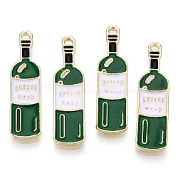 Colgantes de la aleación, con esmalte, botella de vino con la palabra, la luz de oro, verde, 31x8x2mm, agujero: 1.6 mm