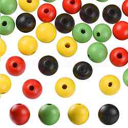 160 Pcs 4 Colors Ghana Jamaica Reggae Painted Natural Wood Round Beads, with Waterproof Vacuum PackingBlack & Red & Yellow & Green, 16mm, Hole: 4mm, 40pcs/Color