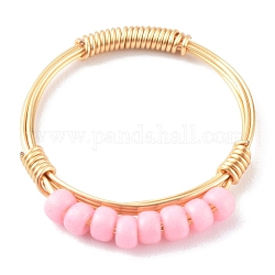 Adjustable Glass Seed Beads Finger Rings, with Real 18K Gold Plated Copper Wire, Pink, Size 7, 17mm
