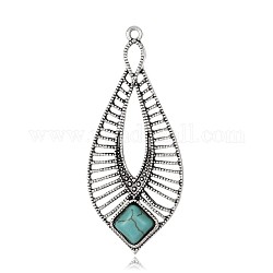 Teardrop Antique Silver Plated Alloy Synthetic Turquoise Big Pendants, Dyed, Sky Blue, 61x26x6mm, Hole: 2mm