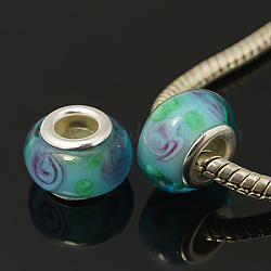 Handmade Lampwork European Beads, with Silver Plated Brass Double Cores, Rondelle, Light Sky Blue, 12.5x8mm, Hole: 5mm