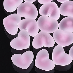 Abalorios de acrílico transparentes, talón en grano, estilo de goma, abalorios de media perforados, corazón, rosa perla, 13.5x18x13.5mm, medio agujero: 3.5 mm