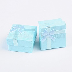 Boîtes à bagues en carton, rubans de satin bowknot extérieur, carrée, bleu ciel, 41x41x26mm