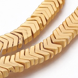Electroplated Non-magnetic Synthetic Hematite Bead Strand, Arrows, Matte Style, Golden Plated, 3.5x6.5x3mm, Hole: 1mm, about 215pcs/strand, 16.53 inch(42cm)