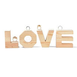 Деревянные кольца диасплеи, с бантиком, Слово любовь, деревесиные, 3.3~3.4x6.7~9x9.1~9.4 см, 4 шт / комплект