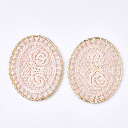 Grandes décorations de pendentif tissées de polyester, avec les accessoires en fer, ovale avec des fleurs, or clair, rose brumeuse, 52.5x42x2mm