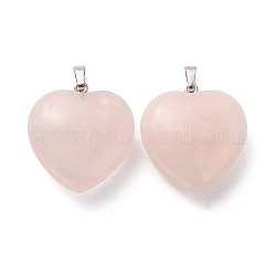 Natural Rose Quartz Pendants, Heart Charms, with Rack Plating Platinum Tone Brass Snap on Bails, 32~33x30~31x12~13mm, Hole: 5x8mm