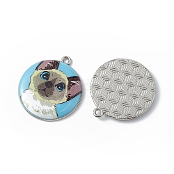 Printed Alloy Pendants, Platinum, Flat Round with Cat Charm, Deep Sky Blue, 28x25x3mm, Hole: 1.8mm
