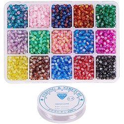 Perles de verre craquelé peintes par pulvérisation, ronde, Avec fil de cristal, couleur mixte, 4mm, Trou: 1.1~1.3mm, à propos 230pcs / couleur, environ 3450 pcs / boîte