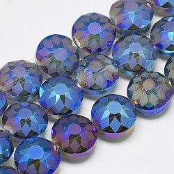 Abalorios de vidrio electroplate hebras, esmerilado, arco iris chapado, facetados, plano y redondo, azul real, 14x8~10mm, agujero: 1.5 mm, aproximamente 50 pcs / cadena, 26.77 pulgada