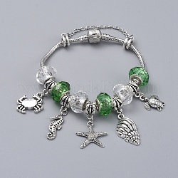 Bracelets européens en laiton, avec des perles rondelles en verre faites à la main et des breloques en alliage de style tibétain, thème de l'océan, lime green, 7-1/2 pouce (19 cm)