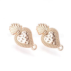 Brass Stud Earring Findings, with Plastic Ear Nuts and Loop, Long-Lasting Plated, Strawberry, Light Gold, 25x13x1.5mm, Hole: 1.6mm, Pin: 0.7mm