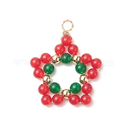 Colgantes envueltos en alambre de cobre de jade de Malasia natural y teñido natural, encanto de estrella verde roja de navidad, dorado, 34x28x4.5mm, agujero: 3 mm
