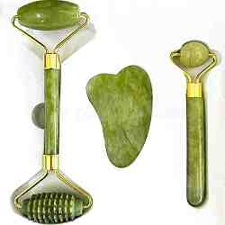 Kit de herramientas de masaje de terapia de jade natural, incluye tabla de gua sha y rodillo facial, herramientas de masaje de raspado, verde, 145x55mm, 3 PC / sistema