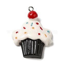 Pendentifs alimentaires imitation résine opaque, Breloques cupcake cerise avec boucles en fer ton platine, noir, 35x27x10mm, Trou: 2mm