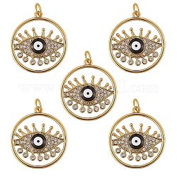 5Pcs Brass Micro Pave Cubic Zirconia Pendants, with Enamel, Long-Lasting Plated, Cadmium Free & Lead Free, Real 18K Gold Plated, Flat Round with Evil Eye, Black, 22x20x3mm, Hole: 3.6mm