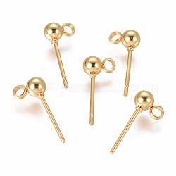 304 Stainless Steel Ear Stud Components, with Loop, Ball, Real 18k Gold Plated, 15x4mm, Hole: 1.5~2mm, Pin: 0.8mm
