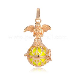 Golden Plated Brass Hollow Round Cage Pendants, with No Hole Spray Painted Brass Beads, Yellow, 45x25x24mm, Hole: 3x8mm