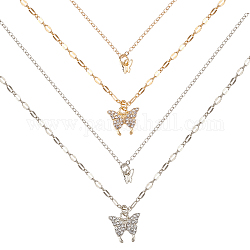 ANATTASOUL 2Pcs 2 Colors Crystal Rhinestone Butterfly Pendant Double Layer Necklaces Set, Zinc Alloy Jewelry for Women, Platinum & Golden, 15.75 inch(40cm), 1Pc/color