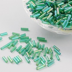 Perles rocailles en verre d'arc-en-ciel de couleur transparente, couleur ab , vert olive, 6x1.8mm, Trou: 0.6mm, 1250 pcs / 50 g