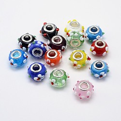 Handmade Lampwork Large Hole Rondelle European Flower Bumpy Beads, with Double Silver Color Plated Brass Cores, Mixed Color, 15x10mm, Hole: 4.5mm